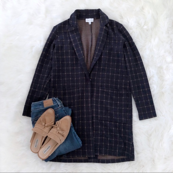 Anthropologie Jackets & Blazers - Anthropologie | Navy checkered long blazer sweater jacket